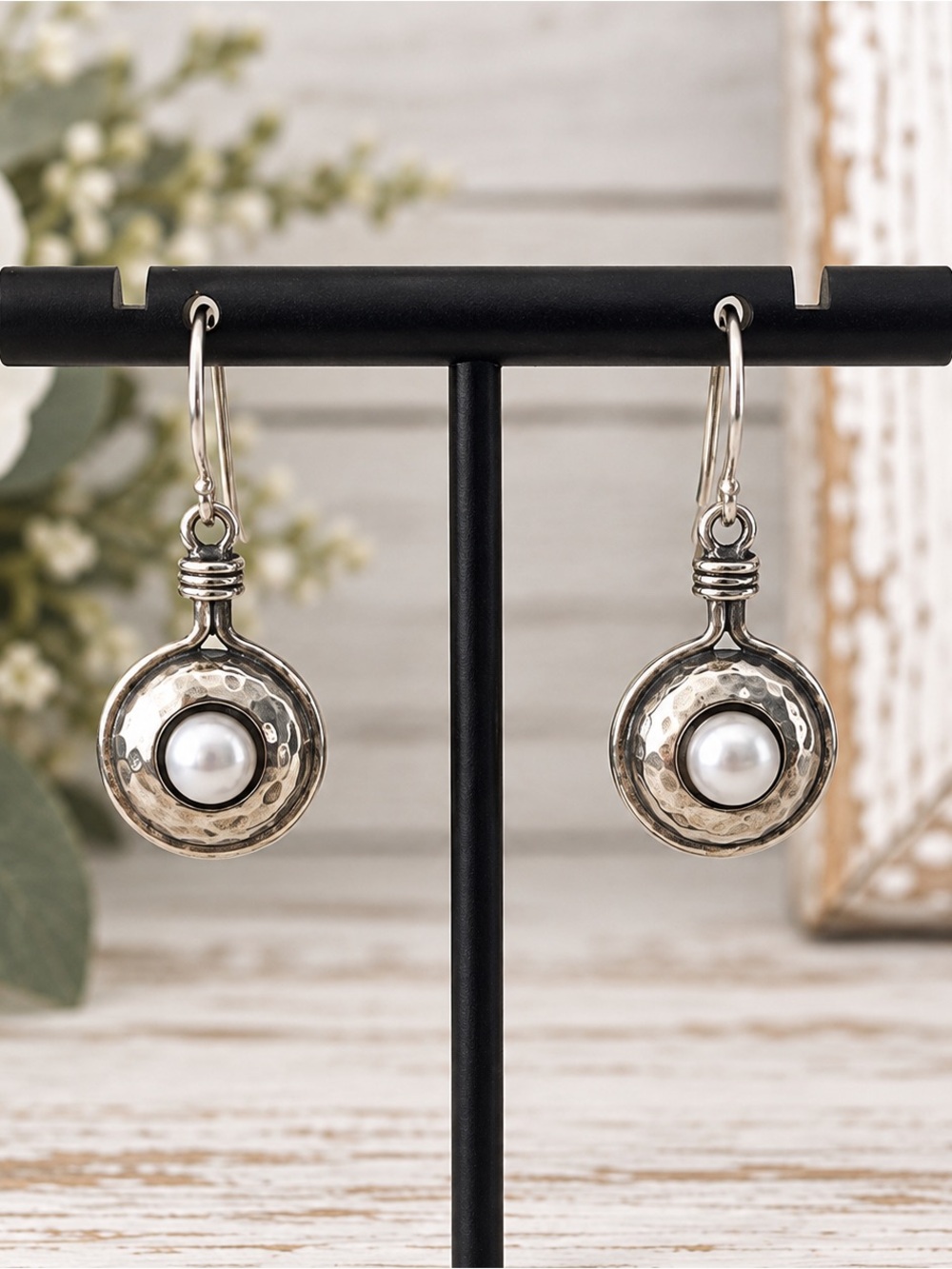 Or Paz Sterling Silver Hammered Pearl Drop Dangle Earrings